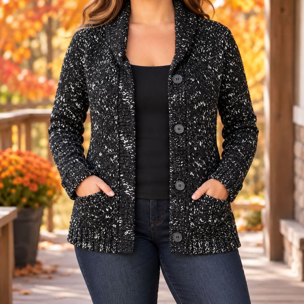 Wallace marled knit cardigan black white shawl collar women’s medium